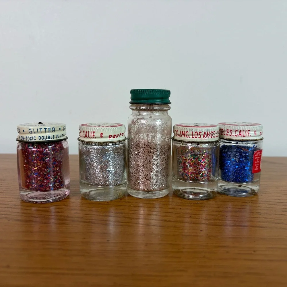 Vintage Glitter Lot Craft House Wilhold Pactra Glass Jars Silver Blue Pink Multi